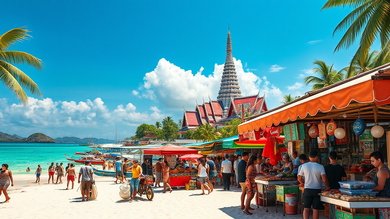 Imagem das praias paradisíacas e templos sagrados na Tailândia, destacando a street food acessível.