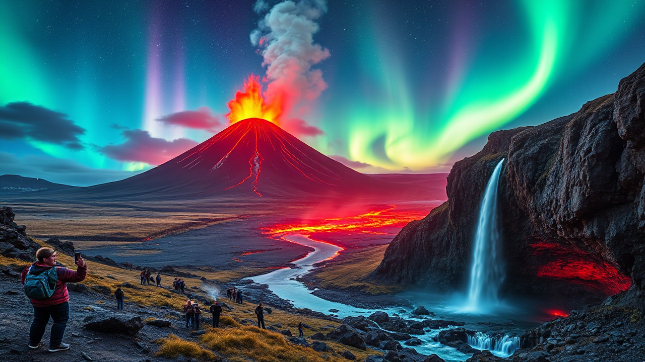 Imagem deslumbrante de uma aurora boreal brilhando sobre uma paisagem vulcânica.