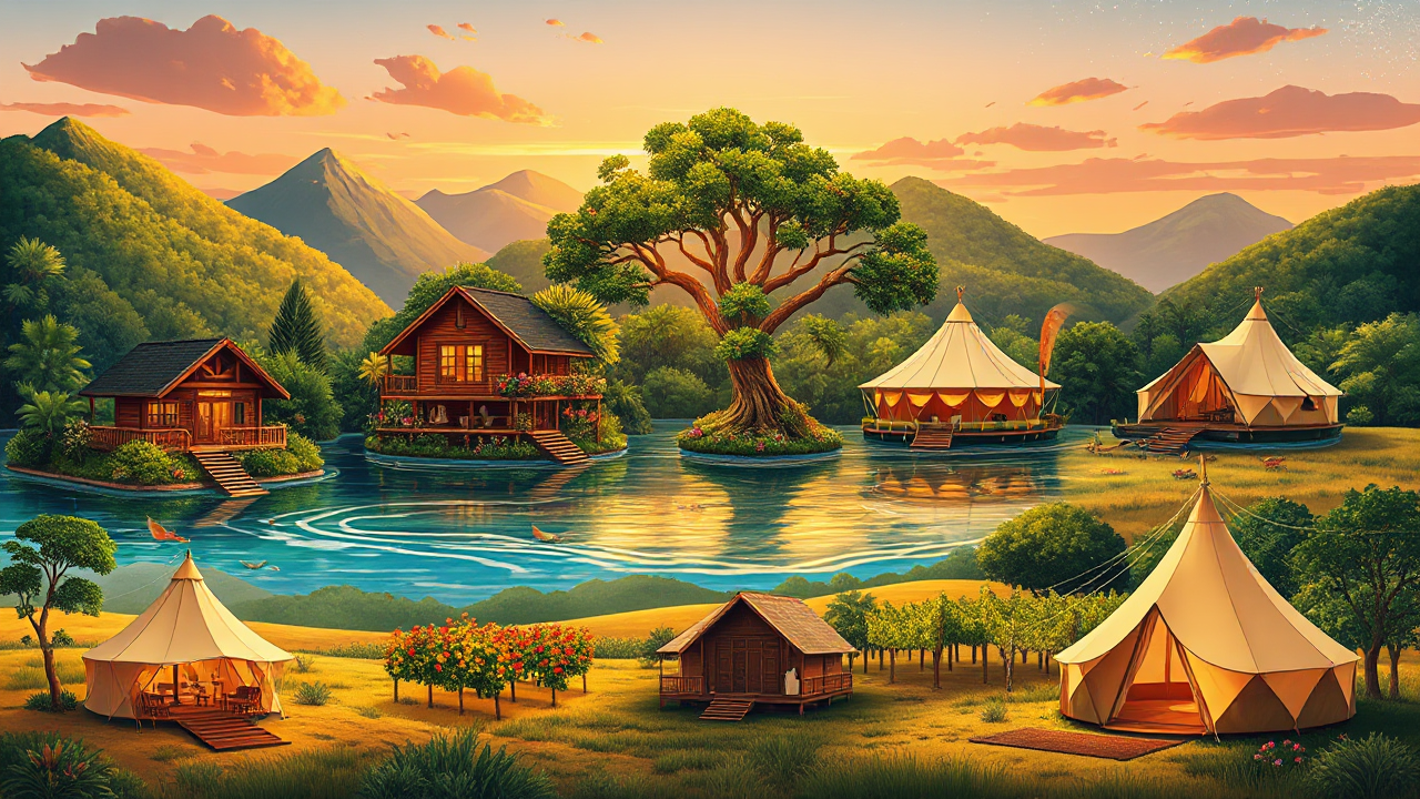 Imagem de uma cabana nas montanhas e uma casa flutuante em um rio, representando hospedagens únicas no Brasil.