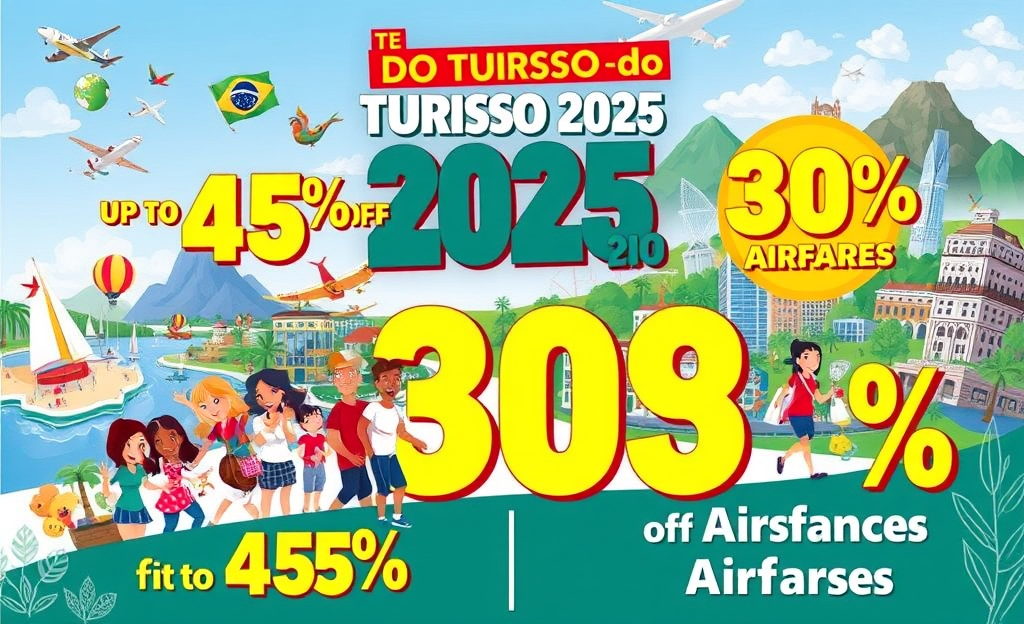 Banner promocional do Feirão do Turismo 2025 com descontos em hotéis e passagens aéreas.