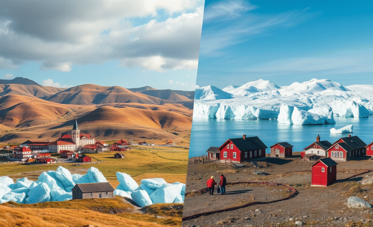 Imagem de paisagens da Geórgia e Groenlândia, destacando sua beleza natural e potencial como destinos turísticos alternativos.