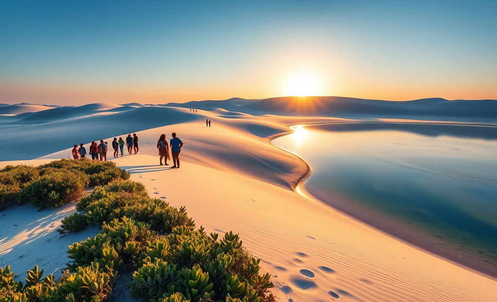 Paisagens deslumbrantes dos Lençóis Maranhenses, destacando suas dunas e lagoas cristalinas, um dos principais destinos de ecoturismo no Brasil.